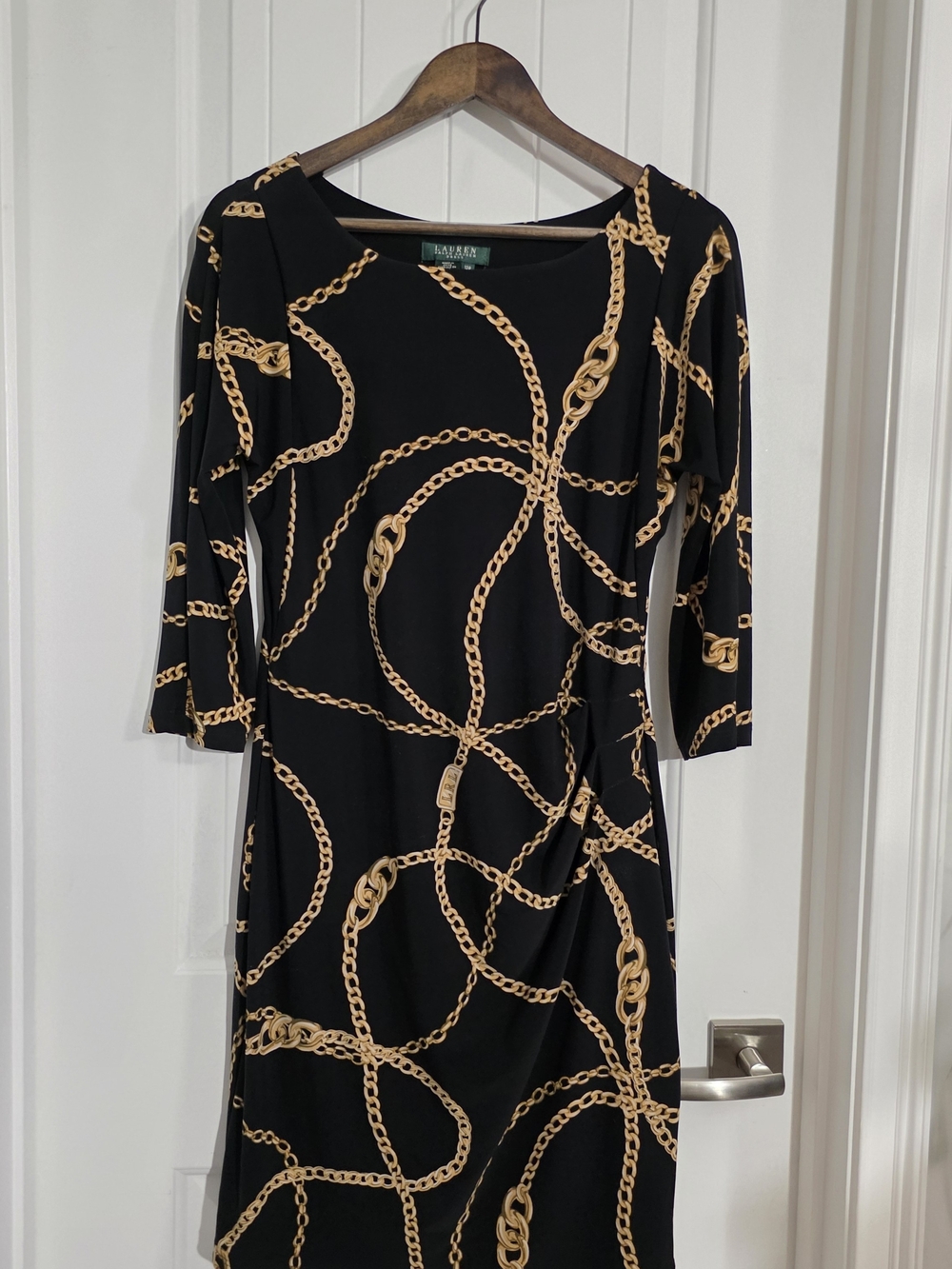 Lauren Ralph Lauren Chain Print Ruched Dress Black Gold 12P Equestrian Stretch - Picture 2 of 14